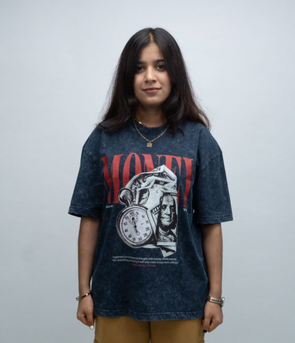 "MONEY" Navy Blue Oversized Acid Washed Tshirt