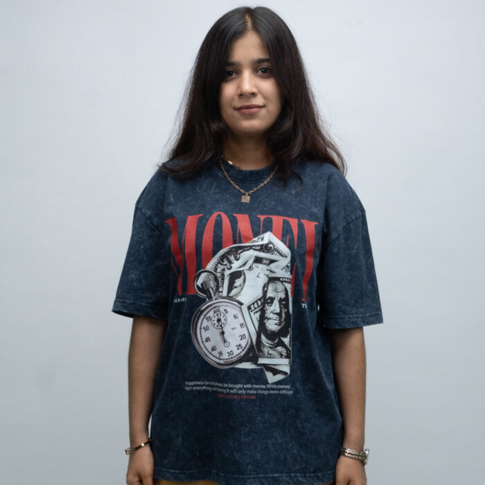 "MONEY" Navy Blue Oversized Acid Washed Tshirt