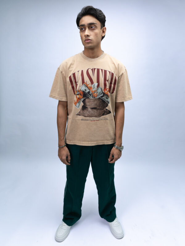 "WASTED" Khaaki Oversized Acid Washed Tshirt