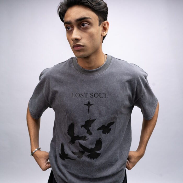 "LOST SOUL" Coal Oversized Acid Washed Tshirt