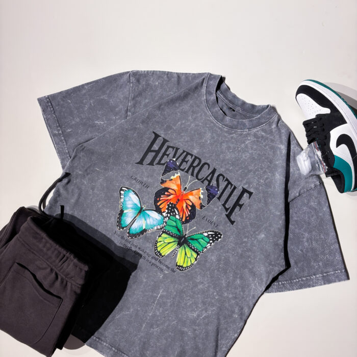 "Butterflies" Coal Oversized Acid Washed Tshirt